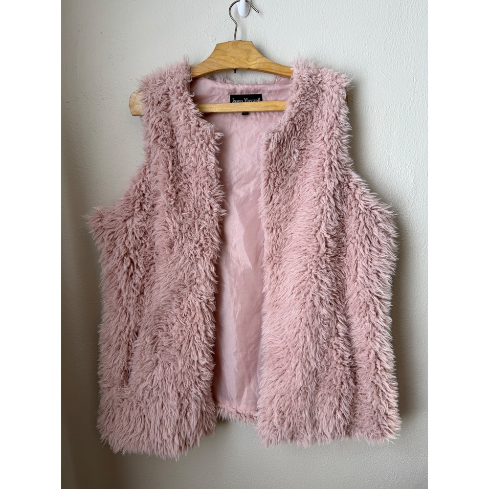 Jason Maxwell Womens 2X Blush Pink Shaggy Faux Fur Open Front Vest Plus Size